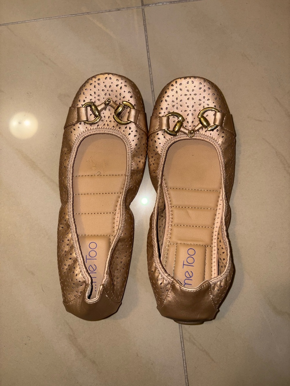 me too Metallic Rose Ballet Flats with Gold Horsebit Detail